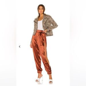 Lovers & Friends Tristan Jogger Satin Side Slit Pants Rust Terracotta Brown NWT